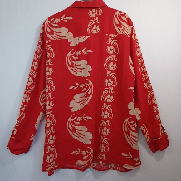 Soft Surroundings Linen Tunic Red Tan Floral Button Up Collared Shirt Womens L - Picture 6 of 9